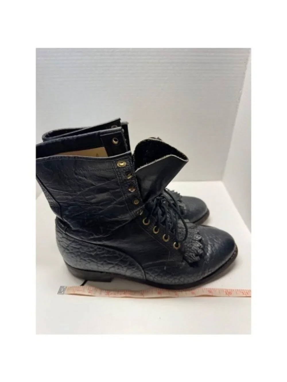 Justin Vintage Black Pebble Comb Leather Lace Up Packer Boots Mens 8.5 E USA - Picture 12 of 13